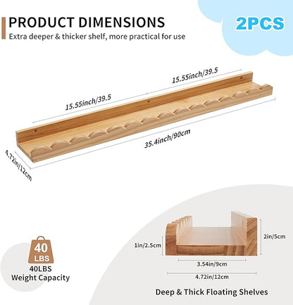 Nursery Book Shelves, Scalloped Floating Shelves Set of 2 Solid Pine Wood Wall Mounted Bookshelf with Wave Lip for Bedroom Kids, Toddler Room, Baby Room Natural 36inch