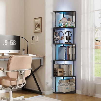 Industrial Corner Shelf with LED Lights & Mirror-Effect Panels, 6-Tier Modern Corner Bookshelf with Remote Control Color-Changing Lights, Space-Saving Display Unit for Bedroom & Living Room