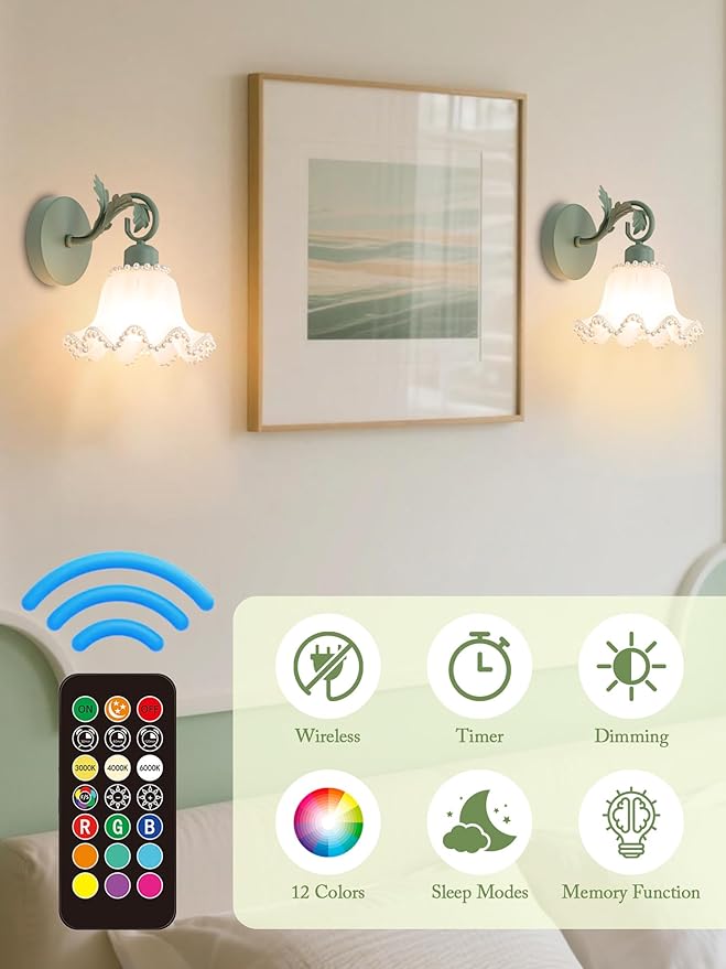 Battery Operated Wall Sconce,Wireless Rechargeable Wall Light with 5400mAh Bulbs & Remote & Timer,9 RGB and 3CCT Dimmable Wall Lamp for Bedroom,Living Room,Hallway Wall Decor