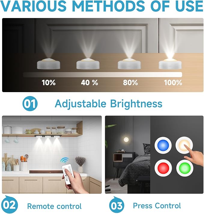 LED Puck Lights with Remote Control, Wireless Under Cabinet Lighting,Color Changing Lights with Dimmer and Timer, AAA Battery Operated Powered Push Night Lights (12 Pack White)