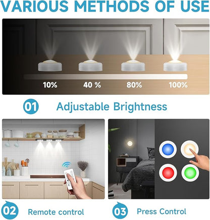 LED Puck Lights with Remote Control, Wireless Under Cabinet Lighting,Color Changing Lights with Dimmer and Timer, AAA Battery Operated Powered Push Night Lights (3 Pack White)