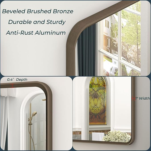 OKPAL 28x32 Bronze Bathroom Mirror Over Sink, Brushed Bronze Vanity Mirror, Rounded Bronze Rectangle Mirror for Farmhouse, Anti-Rust, Wall Mounted (Horizontal/Vertical)