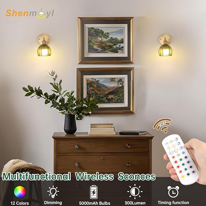 Vintage Battery Operated Wall Sconce with Green Tulip Glass Lampshade 5000 mAh Rechargeable Battery Powered Wall Light with Remote Control for Bedside Bedroom Doorway, Set of 2