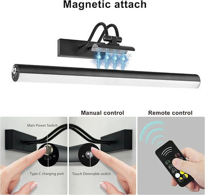Picture Light,Wireless Art Light Stick-On,Magnetic Wall Light,Battery Accent Light with Timer and Dimmable for Painting,Frame,Portrait,Artwork-Black 16"