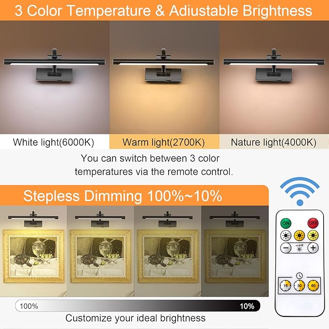 Wireless Battery Operated Picture Light,Rechargeable Wall Light with Remote and Timer,15.75 Inch Black Dimmable Painting Light,3CCT with Adjustable Swing Arm for Display Gallery Lighting