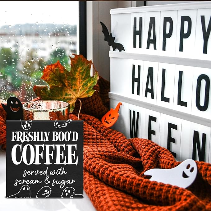 Funny Halloween Coffee Wooden Sign Spooky Boo Coffee Lover Decorations for Bar Home Kitchen Shelf