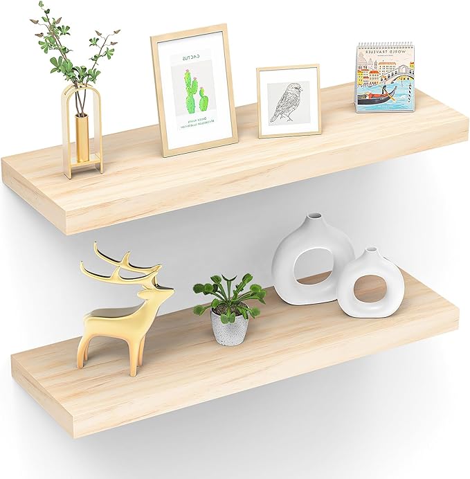 Floating Shelves (Set of 2) – Wall Mounted Shelves for Home Décor and Storage, Natural Pine Wood, Suitable for Living Room and Bedroom (Unfinished, 23.6" x 6.7" x 1.2")