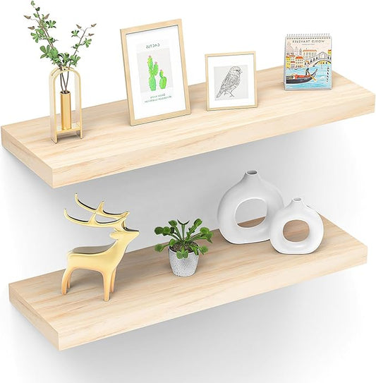 Floating Shelves (Set of 2) – Wall Mounted Shelves for Home Décor and Storage, Natural Pine Wood, Suitable for Living Room and Bedroom (Unfinished, 23.6" x 6.7" x 1.2")