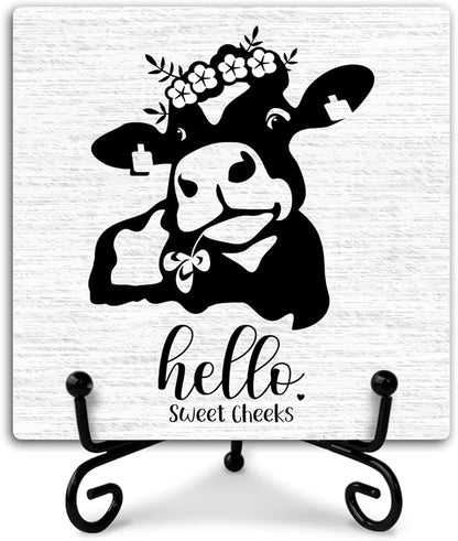 Hello Sweet Cheeks Bathroom Sign With Iron Support, Home Toilet Desk Bathroom Decor Wood Sign Restroom Bath Shelf Cow Decor Farmhouse Housewarming Gifts Table Centerpiece - (a014)
