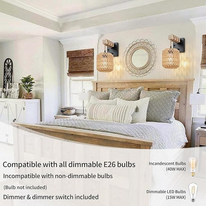 Rattan Boho Wall Sconce, Hardwired Hand-Woven Farmhouse Wall Lamps with Wooden Arm & On/Off Dimmable Switch,Large Rustic Indoor Wall Mount Light Fixtures for Bedroom Nursery Bathroom, 1 Pack