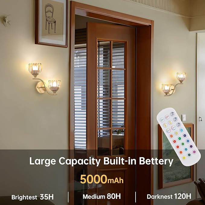 Battery Operated Wall Sconce, 2-Lights Vinatge Brass Wall Lighting with Amber Tluip Shade Rechargeable Bulb with Remote for Living Room, Bedroom，Symmetrical 2 Pack