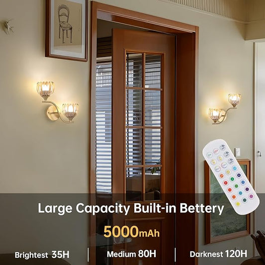 Battery Operated Wall Sconce, 2-Lights Vinatge Brass Wall Lighting with Amber Tluip Shade Rechargeable Bulb with Remote for Living Room, Bedroom，Symmetrical 2 Pack