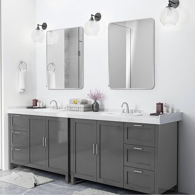 Silver Framed Bathroom Mirror, Brushed Nickel Large Rounded Corner Rectangle Wall Mirror, Tempered Glass, Shatter Proof, Anti-Rust, Hangs Horizontally or Vertically (28