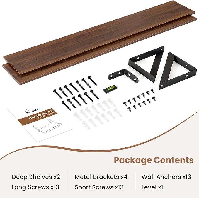 Axeman 48 Inch Floating Shelves | 8 Inch Deep Walnut Wall Shelves Set of 2 | 47.3W x 8D Rustic Wood Shelves for Bookshelf Living Room Bedroom Home Office Bathroom