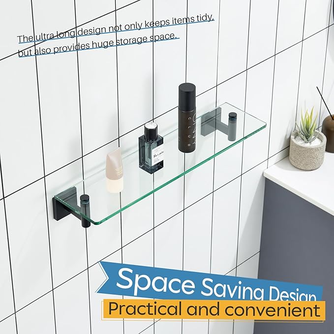 KOKOSIRI Bathroom Shelves Glass Floating Shelf 20-Inch for Bedroom, Living Room, Kitchen, Storage Hanging Rack Rustproof Wall Mounted Black B1105BK-L20