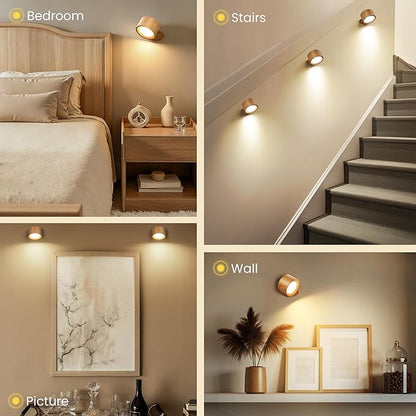 Wall Mounted Lamp LED Wall Lights with Rechargeable Battery Operated, 3 Color Temperatures & 3 Brightness Levels 360°Rotate Magnetic Ball, Cordless Sconces for Bedroom Reading Bedside,Wood-2 Pack