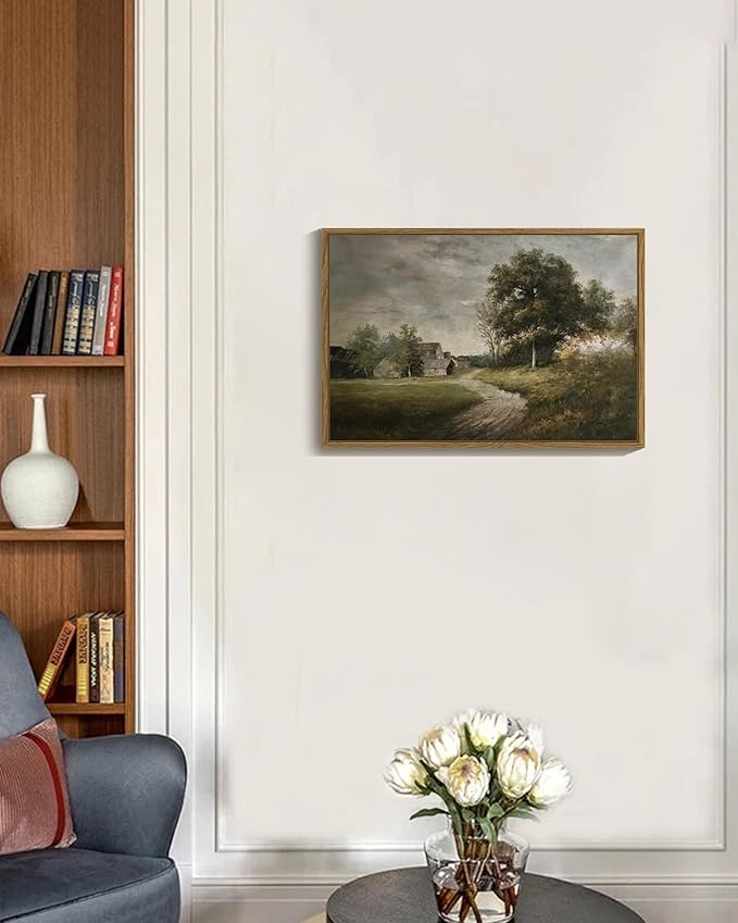 SHENIFY Landscape 16x24in Large Vintage Framed Canvas Wall Art Classical Village Prints Farmhouse Bathroom Office Decor - Natural Framed