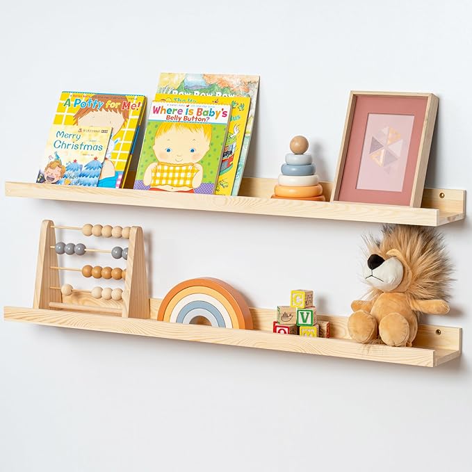 Picture Ledge Shelf for Wall, 36 inch Solid Ash Wood Nursery Book Shelves 2 Packs, Floating Shelves for Kids' Room Bedroom Bathroom Living Room Photo Frames Office Nursey Wall Decor, Natural