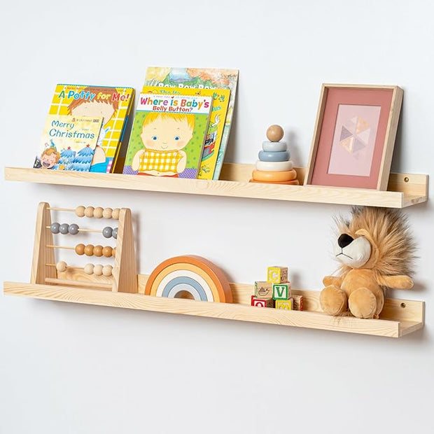 Picture Ledge Shelf for Wall, 36 inch Solid Ash Wood Nursery Book Shelves 2 Packs, Floating Shelves for Kids' Room Bedroom Bathroom Living Room Photo Frames Office Nursey Wall Decor, Natural