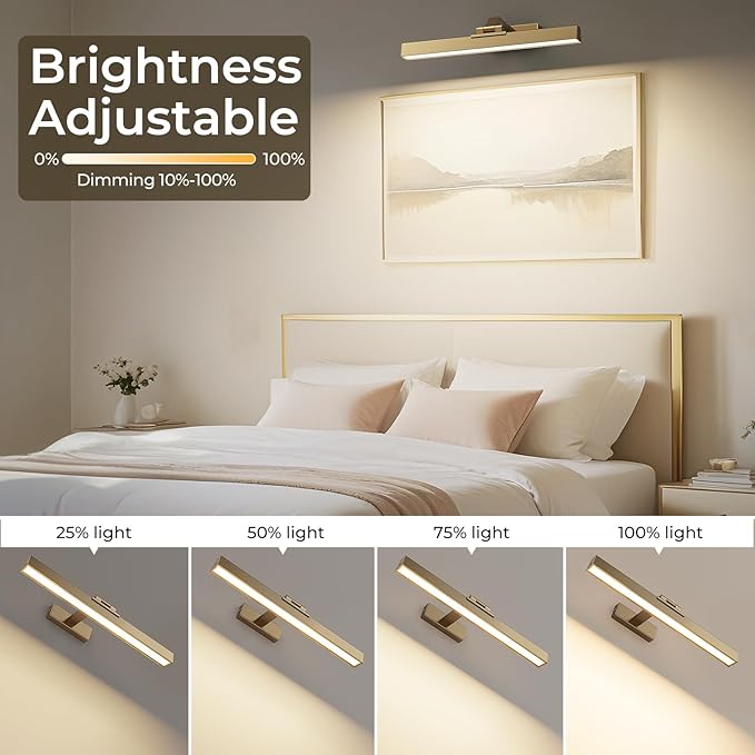 Picture Lights for Wall, Brass Battery Operated Picture Light 16in Art Light CCT Dimmable Recharging Battery Wall Light with Remote Control for Living Room Gallery