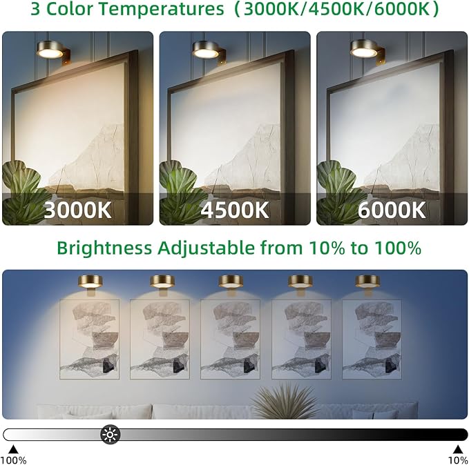 4 Pack Wireless Picture Lights for Wall, Magnetic Gold Rechargeable Picture Light Battery Operated with Remote 3 Lighting Modes Painting Light for Art Display, Battery Wall Lights for Photo Gallery