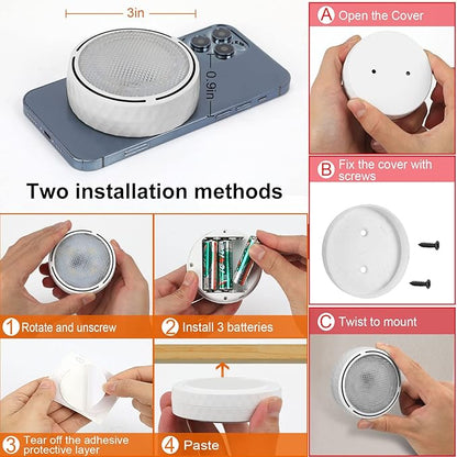 Onumii Puck Lights with Remote Battery Operated ED Under Cabinet Lighting Wireless Stick on Color Changing Timer Tap Lights for Cabinets Shelves Closets Display Case - 2Pack White