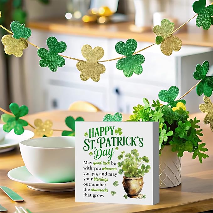 St Patricks Day Decor Irish Blessing Four Leaf Clover Decorations Rustic Wood Sign Home Tabletop Shelf Desk Decor St Patrick's Day Decorations 5 X 5 Inches
