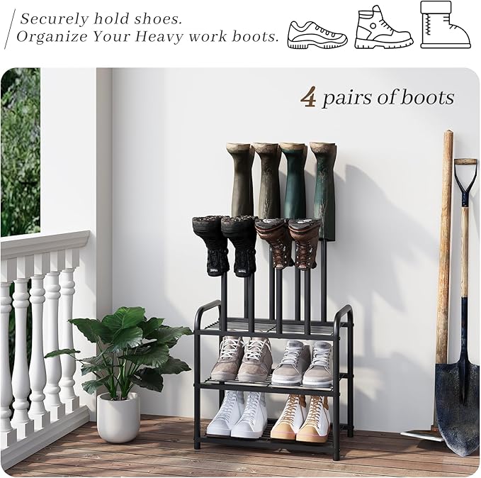 Shoe Rack - 3-Tier Metal Boot Rack Organizer for Entryway, Closet & Garage, Free Standing Shoe Shelf for Storage Tall Boots, Sneakers, Cowboy Boots, Black (Small - 4 Pairs)