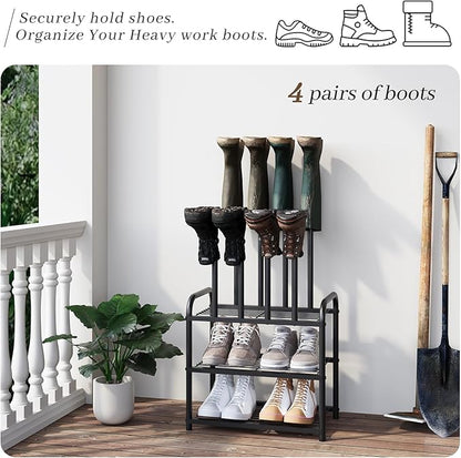 Shoe Rack - 3-Tier Metal Boot Rack Organizer for Entryway, Closet & Garage, Free Standing Shoe Shelf for Storage Tall Boots, Sneakers, Cowboy Boots, Black (Small - 4 Pairs)