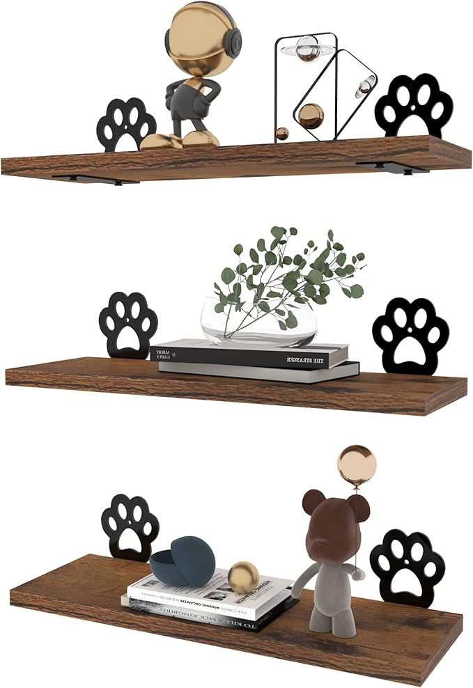 Lavezee Paw Prints Wall Decor Floating Shelves Set of 3, Cute Rustic Wooden Shelf Decorative Living Room, Bedroom, Bathroom, Log Cabin Shelving Wall Mounted