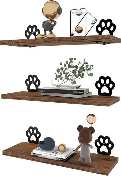 Lavezee Paw Prints Wall Decor Floating Shelves Set of 3, Cute Rustic Wooden Shelf Decorative Living Room, Bedroom, Bathroom, Log Cabin Shelving Wall Mounted