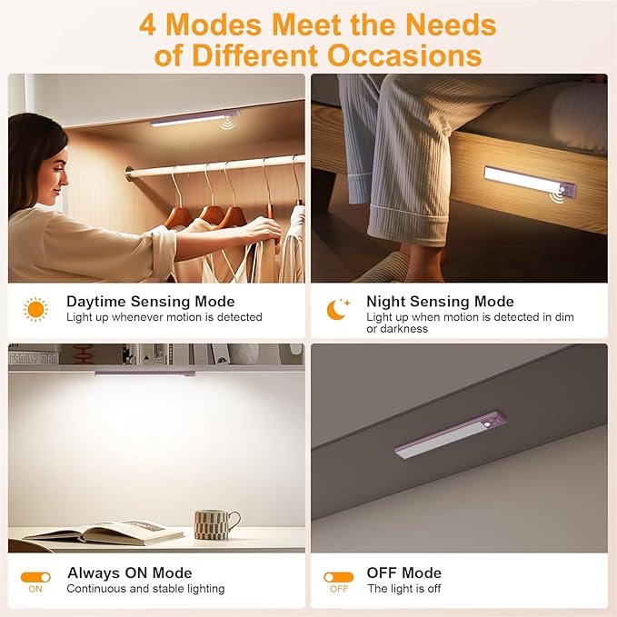 Gritin 10.2inch Under Cabinet Lighting Rechargeable 2 Pack- 3 Color Temps&5 Level Brightness, Super Bright, 4 Modes, Motion Sensor, Long Lasting - Easy Installation Magnetic Under Closet Lights-Mauve