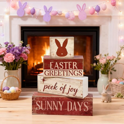 Easter Decorations - Easter Greetings Bunny Tiered Tray Decor - Wooden Easter Bunny Tabletop Sign - Rustic Farmhouse Spring Home Decor Indoor for Tiered Tray Shelf Mantel Entryway Coffee Table - Spring Home Decor for Living Room, Kitchen Counter