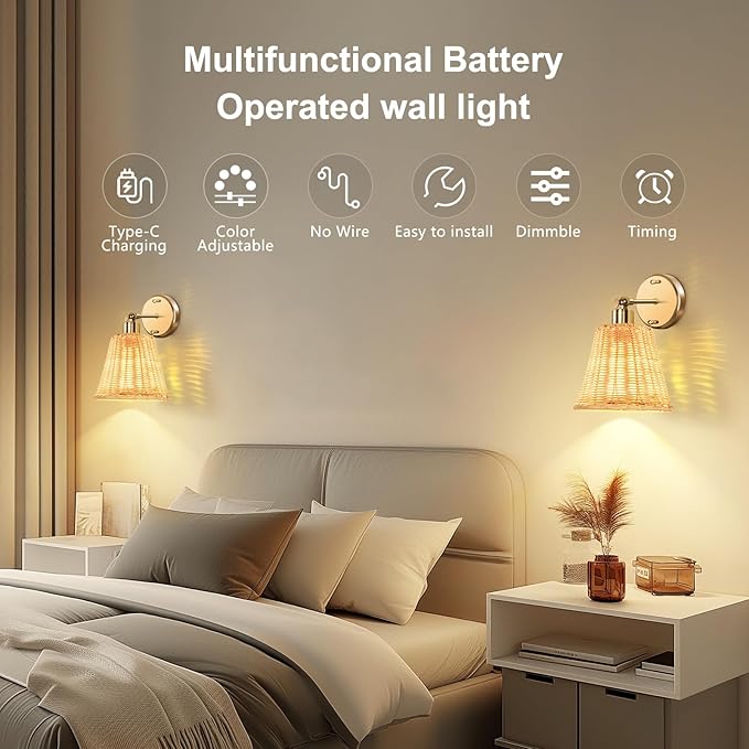 Frideko Rattan Rechargeable Battery Operated Wall Sconces Set of Two with Remote, 3 Colors Dimmable Wireless Wall Light, 5200mAh Indoor Wall Lamp with 4 Timer, Boho Sconces Wall Lighting for Bedroom