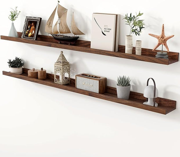 Axeman Oak Picture Ledge Shelf, 55 Inch Floating Shelves Set of 2, Solid Oak Wood Wall Shelves with Lip, Wall Decor Storage for Bedroom Living Room Bathroom Kitchen Nursery Photo Picture, Walnut