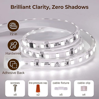 72inch Hardwired Under Cabinet Lighting for Kitchen,120V Wired Undercounter Led Strip Lights 6000K White Waterproof, Luces para Cocina Bajo Gabinete Under Shelf Lights for Sink/Workbench