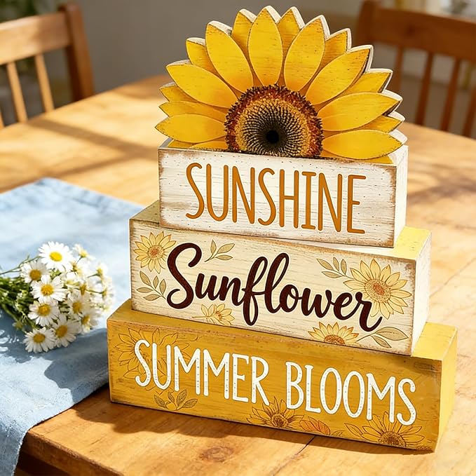 4 Pcs Sunflower Decor Faux Book Stack Blocks Farmhouse Tiered Tray Decor Summer Decorations for Home Kitchen Table Rustic Sunflower Kitchen Decor