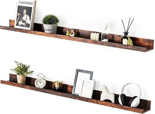 Muzilife 55" Large Floating Wall Ledge Shelves with Lip - Set of 2 Rustic Wood Floating Shelves - Honey Brown Wall Mounted Picture Ledge for Office, Bathroom, Bedroom, Living Room, Kitchen
