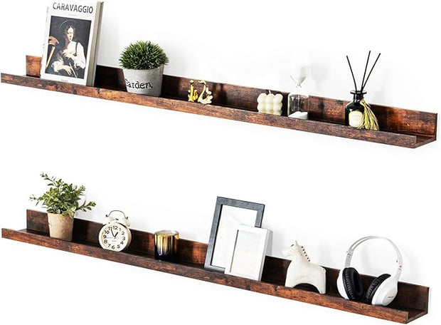 Muzilife 55" Large Floating Wall Ledge Shelves with Lip - Set of 2 Rustic Wood Floating Shelves - Honey Brown Wall Mounted Picture Ledge for Office, Bathroom, Bedroom, Living Room, Kitchen
