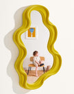 Wavy Wall Mirror Decor for Girly Bedroom Classroom, 16x10 Small Cute Abstract Decorative Mirrors Art Above Dresser Desk Table Decor, Funky Modern Apartment Nursery Room Decoration (Yellow)