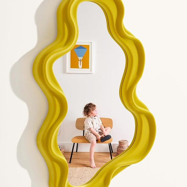 Wavy Wall Mirror Decor for Girly Bedroom Classroom, 16x10 Small Cute Abstract Decorative Mirrors Art Above Dresser Desk Table Decor, Funky Modern Apartment Nursery Room Decoration (Yellow)