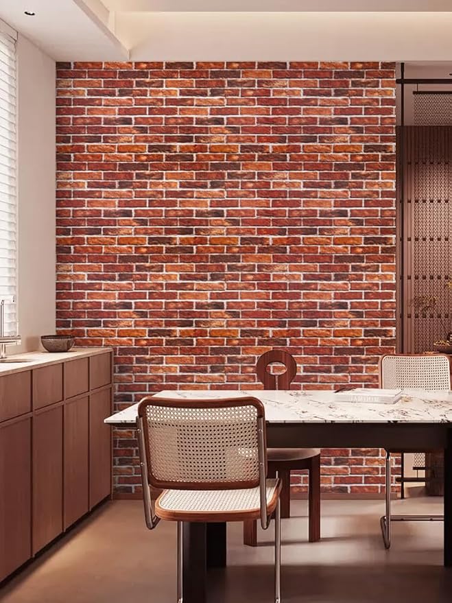 Abyssaly Brick Wallpaper Peel and Stick Red Brick Wall Paper for Bedroom 17.71” x 393.7” Vintage Faux Brick Contact Paper for Fireplace Kitchen Backsplash Accent Home Decorations