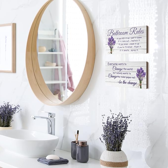 Jetec 2 Pieces Funny Bathroom Signs Bathroom Wall Decor Toilet Wall Accessories Farmhouse Toilet Rustic Wooden Signs, 12x6 Inch(Lavender Style)