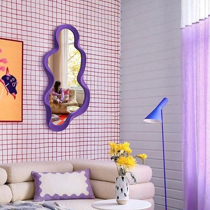 Wavy Wall Mirror for Girly Nursery Bedroom Decoration, 13.8x29.7 Noble Cloud-Shaped Decorative Funky Mirrors for Modern Classical Home Office Living Room Housewarming Birthday Gift (Purple)