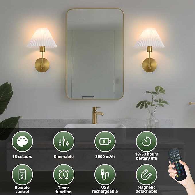 Battery Operated Wall Sconces Set of 2, Gold Rechargeable Wall Lights with Remote, Dimmable Wall Lamp with Pleated Shade,15 Colors Wireless Bathroom Wall Sconce for Bedroom Living Room Hallway