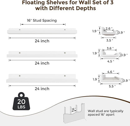 Floating Shelves for Wall, 24 inch Solid Wood Picture Ledge Shelf for Wall Storage, Nursery Book Shelves with Lip for Living Room Bathroom Bedroom Kitchen, Set of 3, Washed White