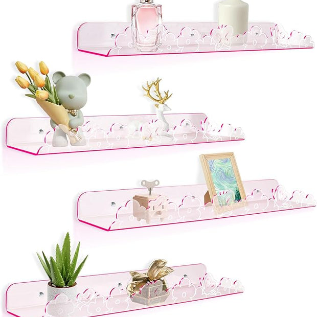Floating Shelves for Wall,4 Pack 15.7’’x 3.5’’Adhesive Acrylic Shelves Organizer for Book Toy Photo Makeup,Wall-Mounted Kids Storage for Bathroom,Bedroom,Nursery,Pink Butterfly