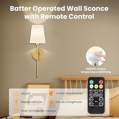 Battery Operated Wall Sconce Set of 2, Rechargeable Wall Lights with Dimmable Detachable Charging Bulbs and Remote, 3 Color Temperature Wireless Sconces for Bedroom Living Room Hallway (Large)
