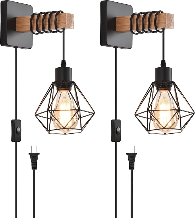 Rustic Wall Sconces Fixtures with Plug in Cord, Set of Two Indoor Vintage Rattan Wall Light Industrial Lamp Fixture Farmhouse Metal Sconces Light for Bedroom Bedside Living Room