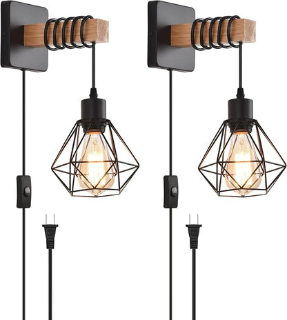 Rustic Wall Sconces Fixtures with Plug in Cord, Set of Two Indoor Vintage Rattan Wall Light Industrial Lamp Fixture Farmhouse Metal Sconces Light for Bedroom Bedside Living Room